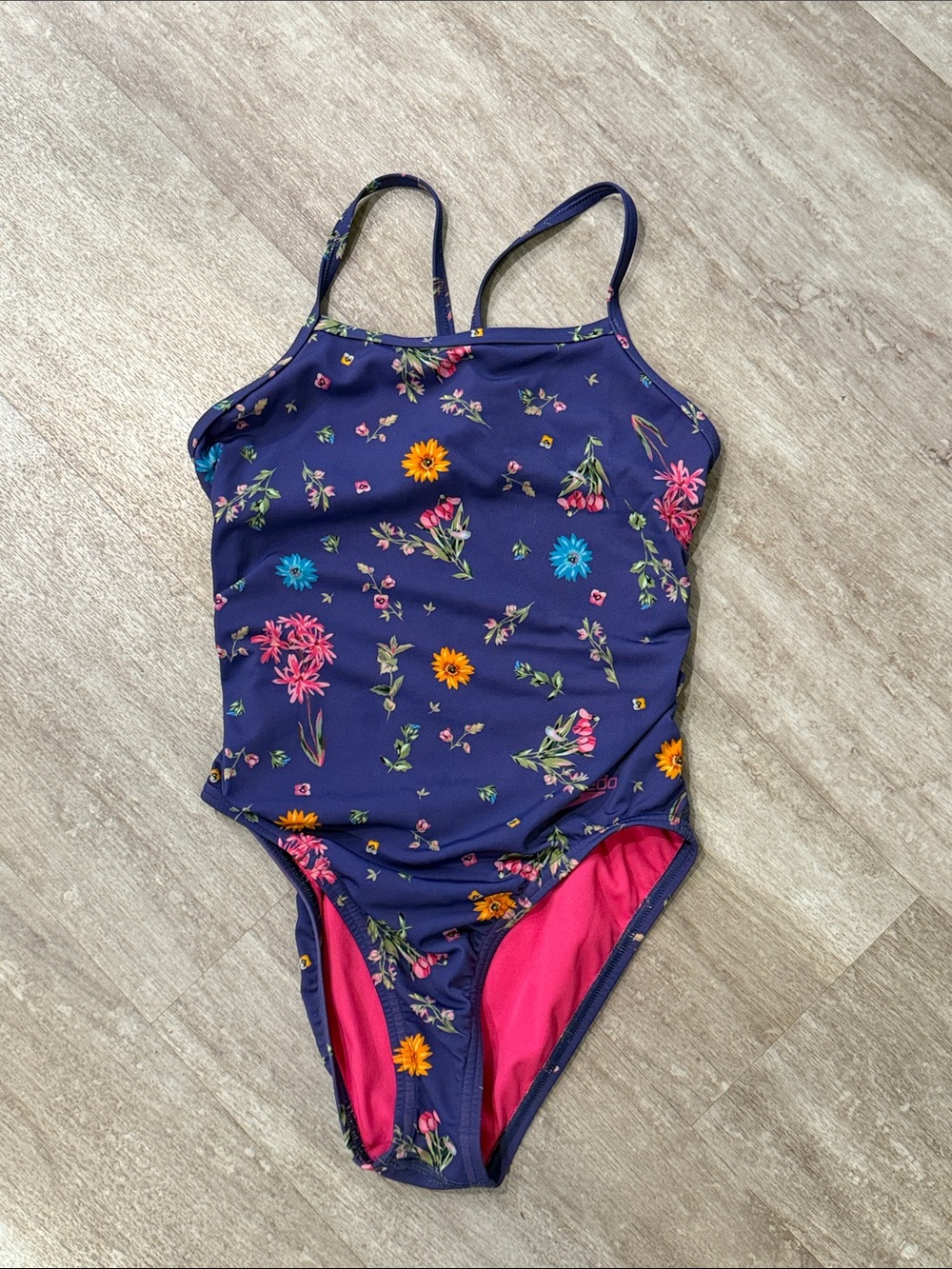 Kids speedo Floral One-Piece Swimsuit - Navy with Pink Lining Sz 28